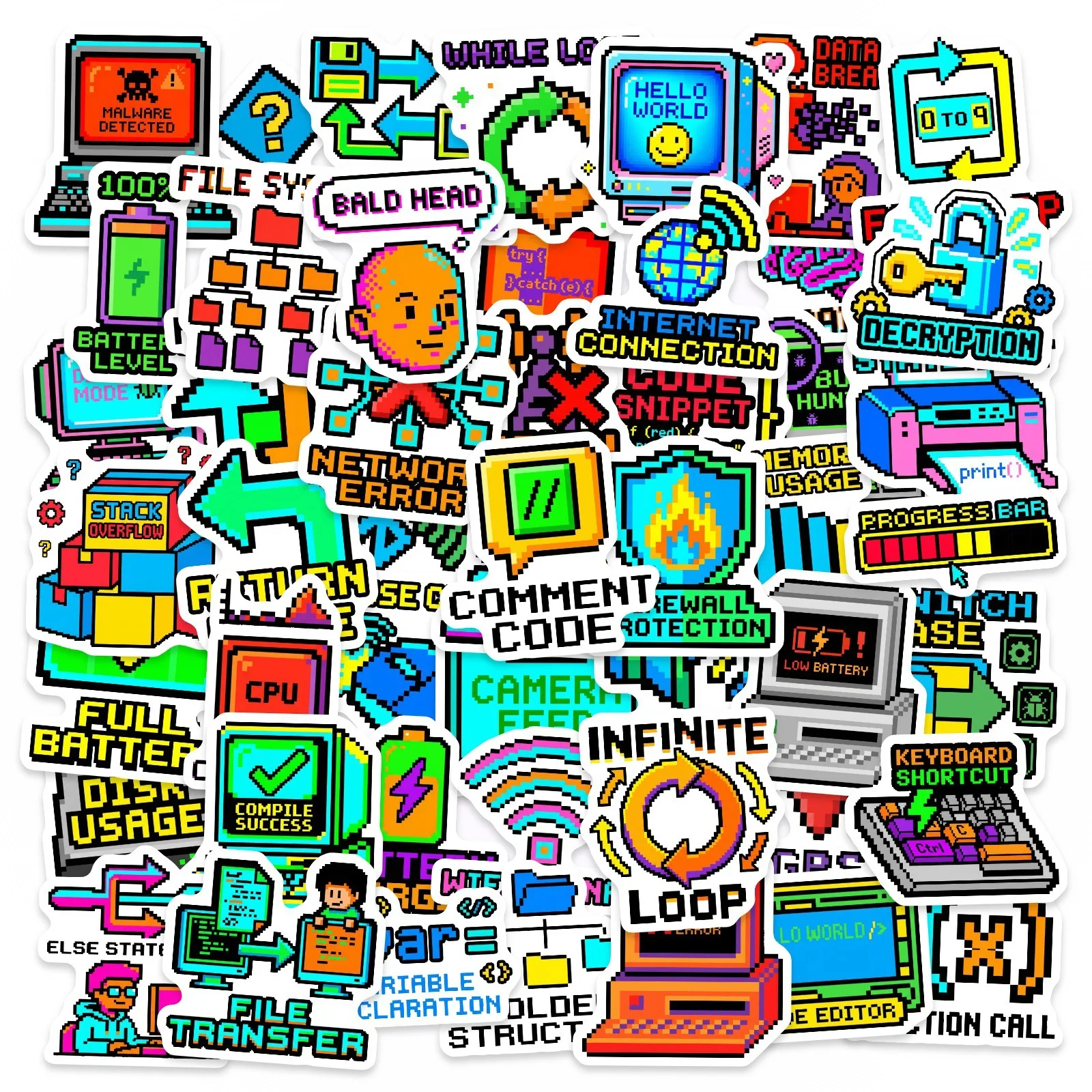 

50PCS Pixel Style Programming Code Stickers Computer Elements DIY Decorative Notebook Phone Case Waterproof Stickers Kids Toy