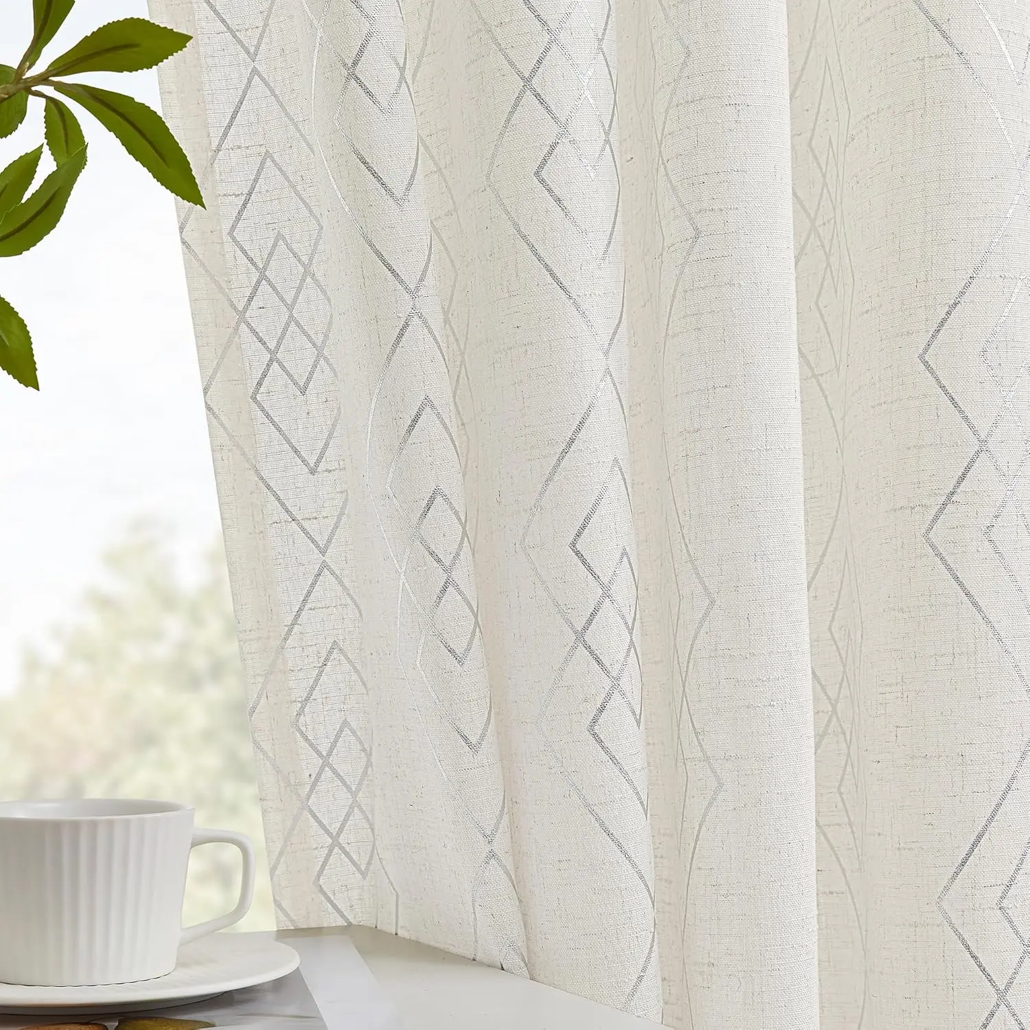 

Linen Curtains For Bedroom, Silver Curtains 96 Inches Long Farmhouse Curtains For Living Room, Silver Foil Geometric Drapes,
