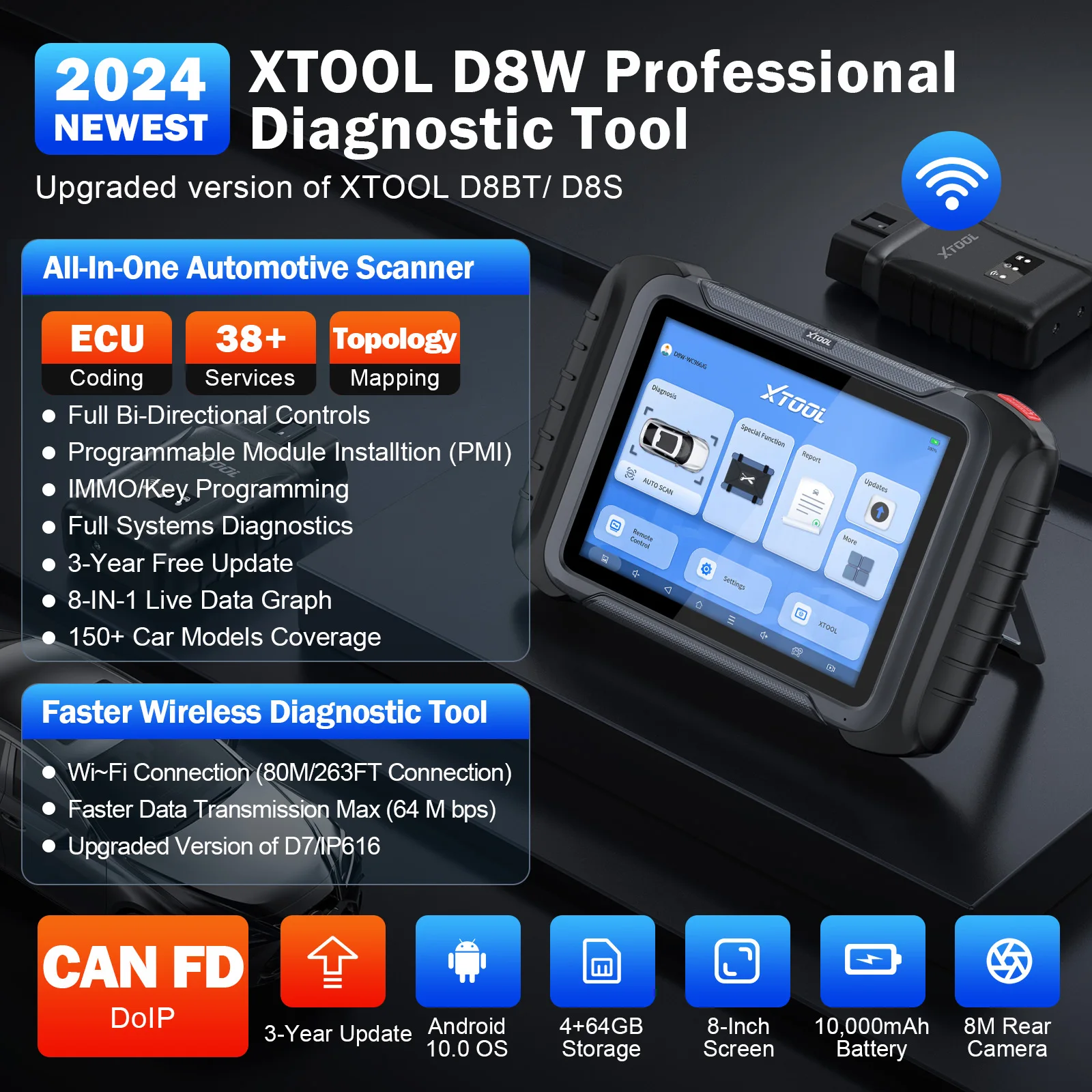 XTOOL D8W WiFi OBD2 All System Diagnostic Tool Upgraded of D8BT Active Test Topology Map ECU Coding Key Programming CAN FD DoIP