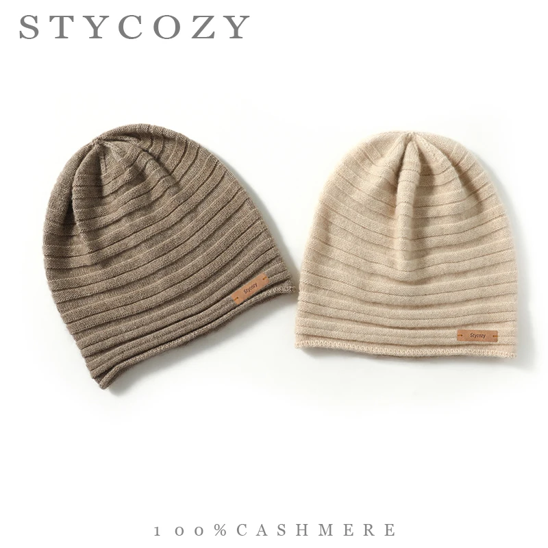 100%Cashmere Slouchy Beanie Hat Women Men Minimalist Stripe Knit Label Skull Cap Soft Lightweight Daily Commute Winter Headwear