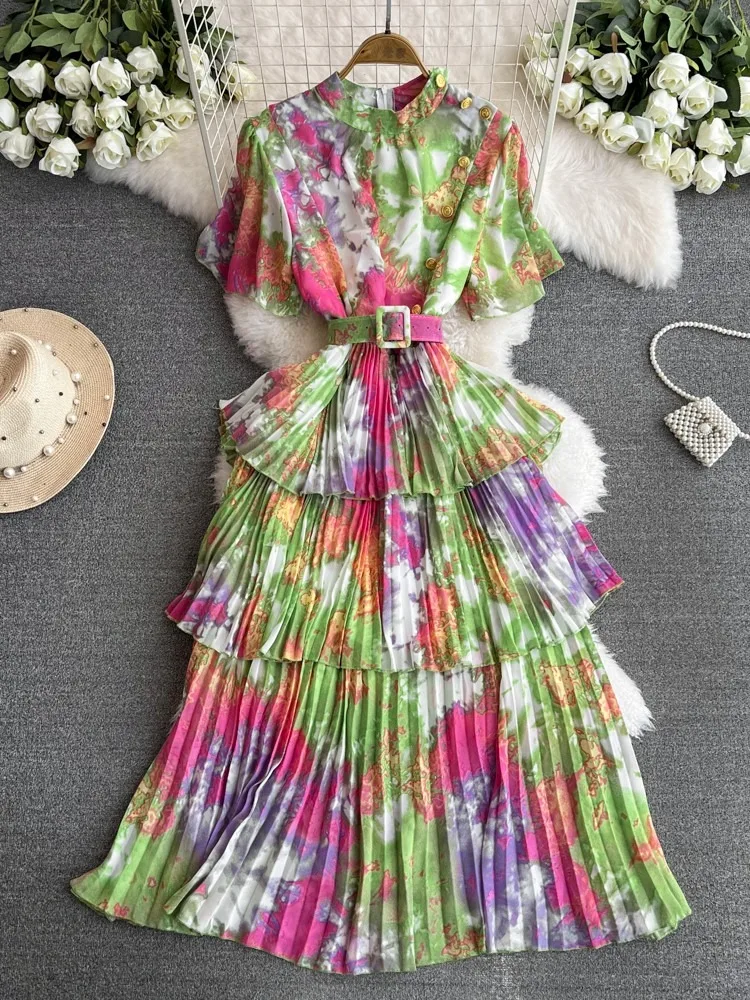 

Summer Women Tie Dye Printed Pleated Long Dress Vintage Stand Collar Short Sleeve Ruffle Draped Maxi Vestidos Female Elegant New