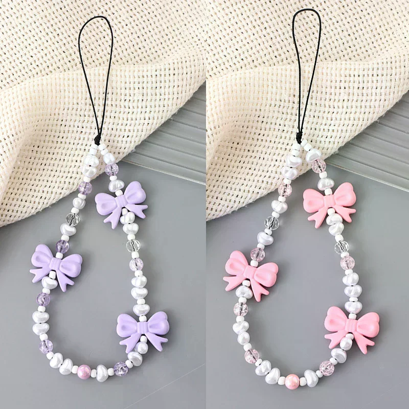 Simple Cute Kawaii Bowknot Beaded Phone Chain For Women Girls Sweet Bag Decoration Accessories Gifts Fashion Delicate Keychain