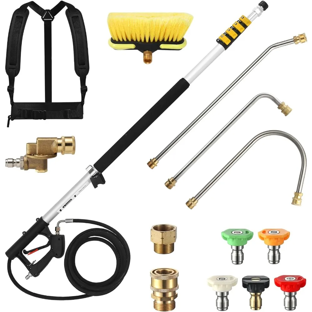 

24 FT Telescoping Pressure Washer Wand with Pressure Washer Extension Wand, Brush Head, Gutter Cleaner, 5 Spray Nozzle Tips, 2 H