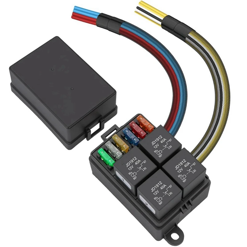 Super Sale 12V Pre-Wired Fuse Relay Box, 4 Relays and 6 ATC/ATO Blade Fuses,4-Pin 40A Relay Block Kit,for Cars Truck Marine Boat
