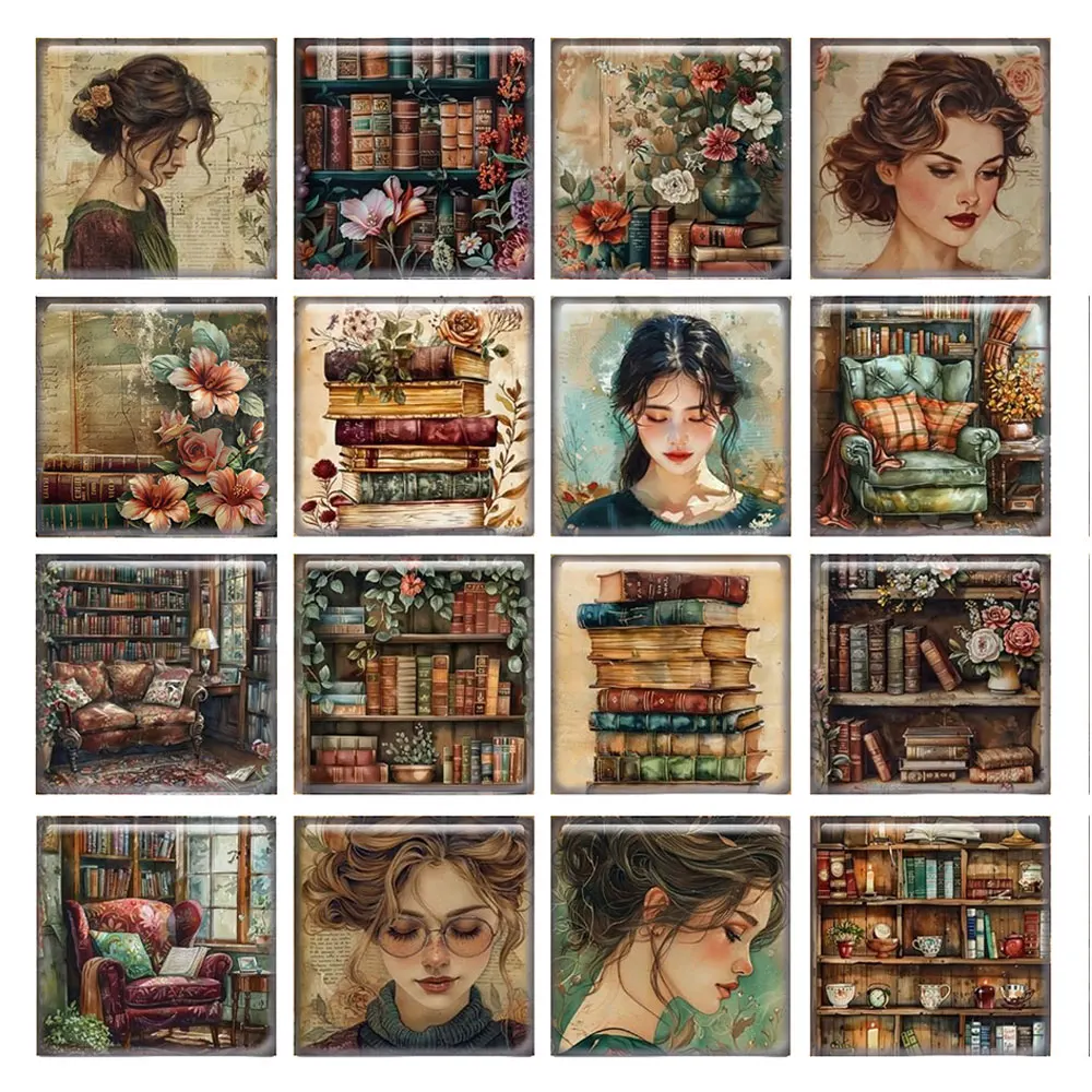 

10pcs/lots Retro Love to Read Flower Book Girl Square Photo Glass Cabochon Flatback Demo Flat Back Cameo For Diy Jewelry Making