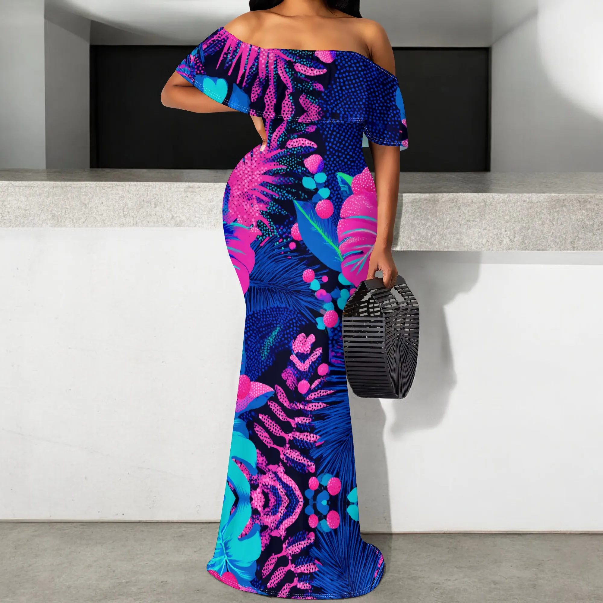 

Women's Off-the-Shoulder Maxi Dress Bodycon Tropical Leaf Print Elegant Mermaid Party Dress for Summer S-3XL