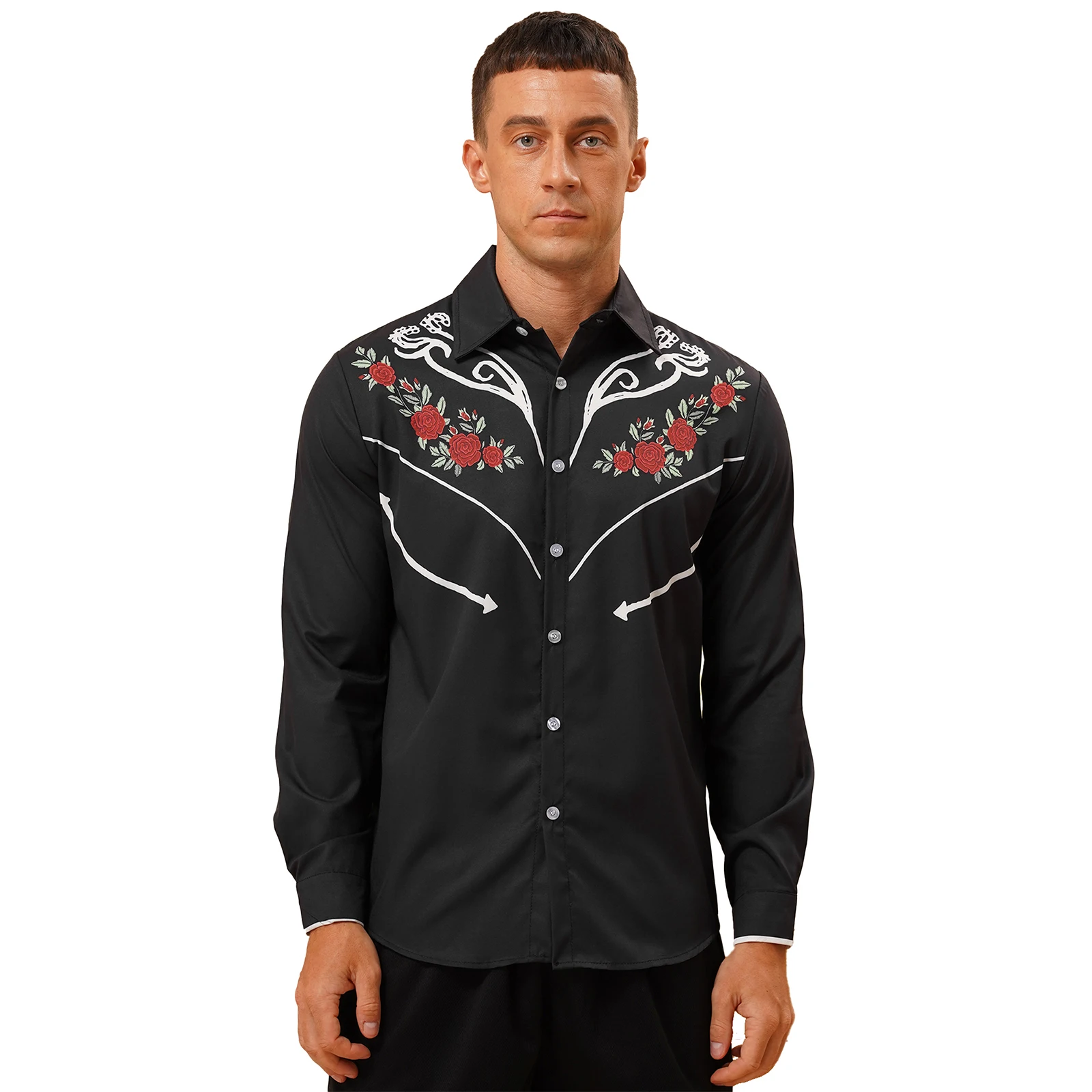 

Mens Fashion Long Sleeve Shirt Fashion Contrast Color Floral Print Cowboy Casual Turn-Down Collar Button Shirts