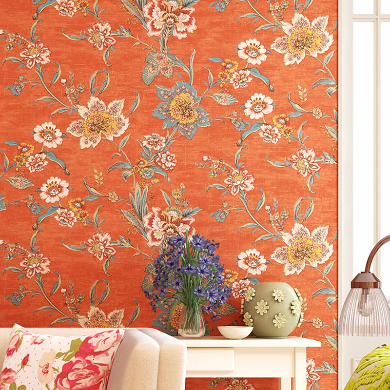

American style country retro pure paper wallpaper orange red garden flower bedroom living room light luxury TV background