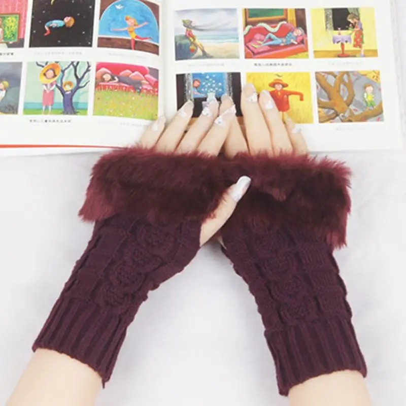 A70F Hot Women Faux Rabbit Fur Hand Wrist Winter Warmer Fingerless Long Mitten Gloves