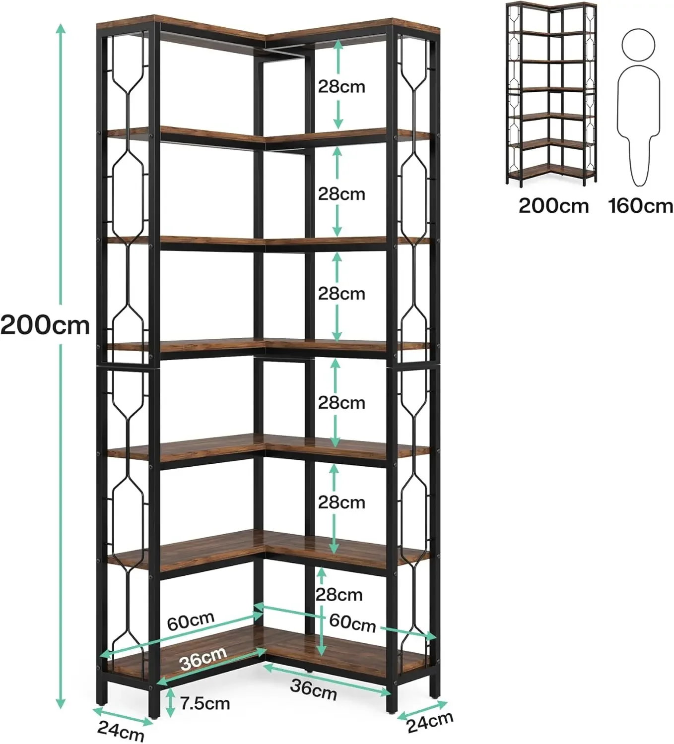 Corner Shelf, 7-Tier Industrial Corner Bookshelf, Wood and Metal Corner Etagere Bookcase, Freestanding Display Shelf