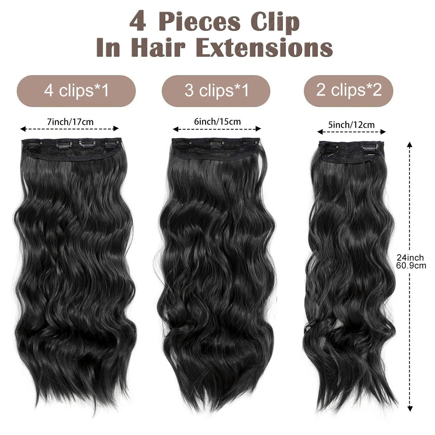 4 قطع وصلات شعر بمشبك، وصلات شعر صناعية مموجة بطول 60.96 سم للنساء والفتيات