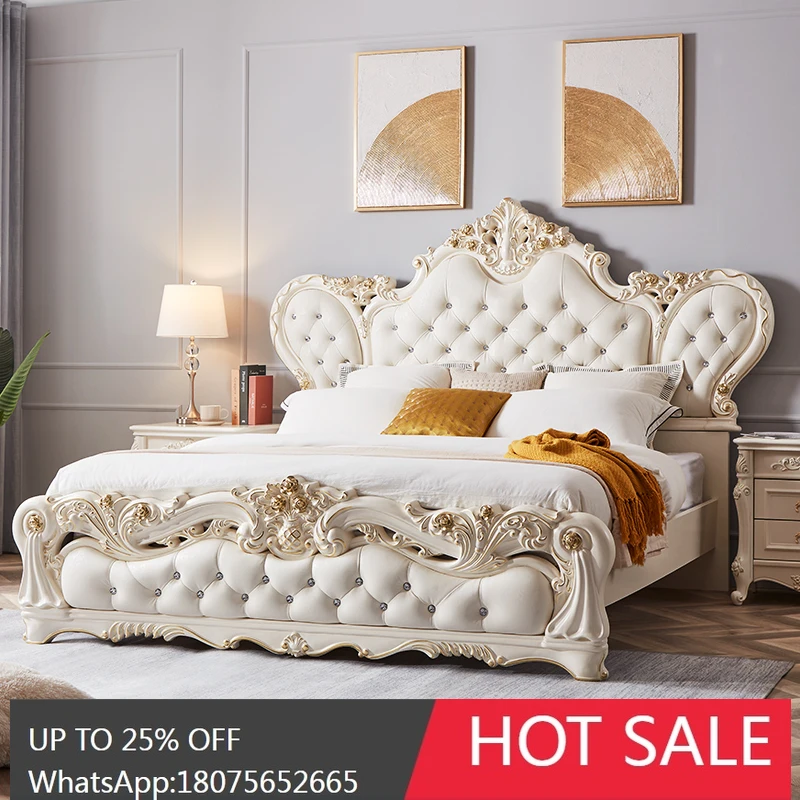 MJY European leather 1.8m double solid wood queen bed luxury villa princess bed