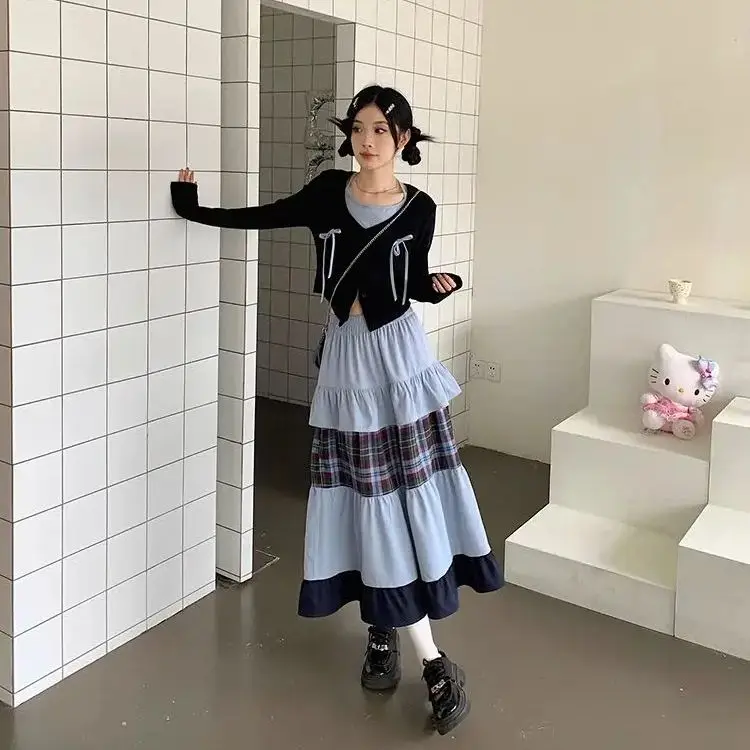 New Retro Plaid Splicing Skirt Spring Autumn Women'S Niche Design Sense Heavy Industry Multi-Layer A-Line Large Sling Skirt