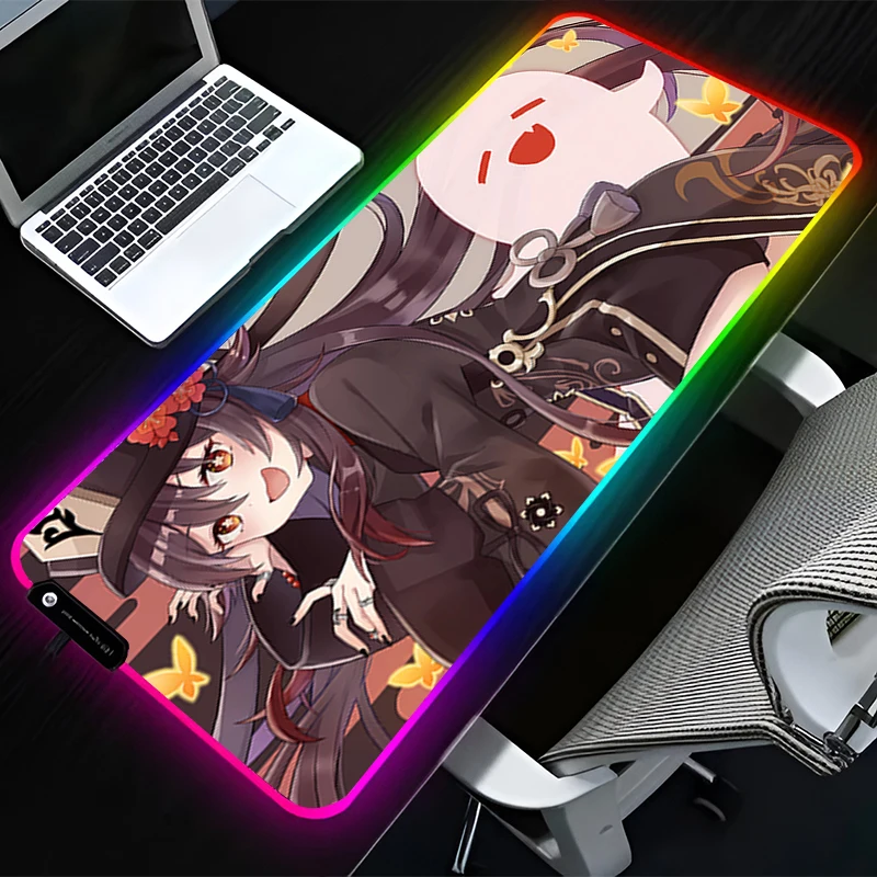 RGB LED Mouse Pad HD Rubber Mousepad Computer Gaming Accessories Keyboard Pad G-genshin Impact Hu Tao Office Non Slip Mouse Mat