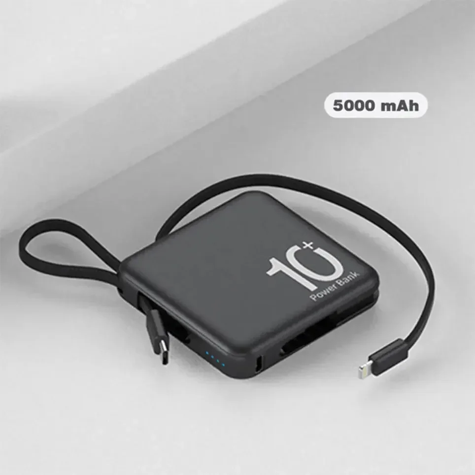 Mini power bank with built-in code,portable compact power bank,5000mAh fast charging external battery,mobile phone accessories