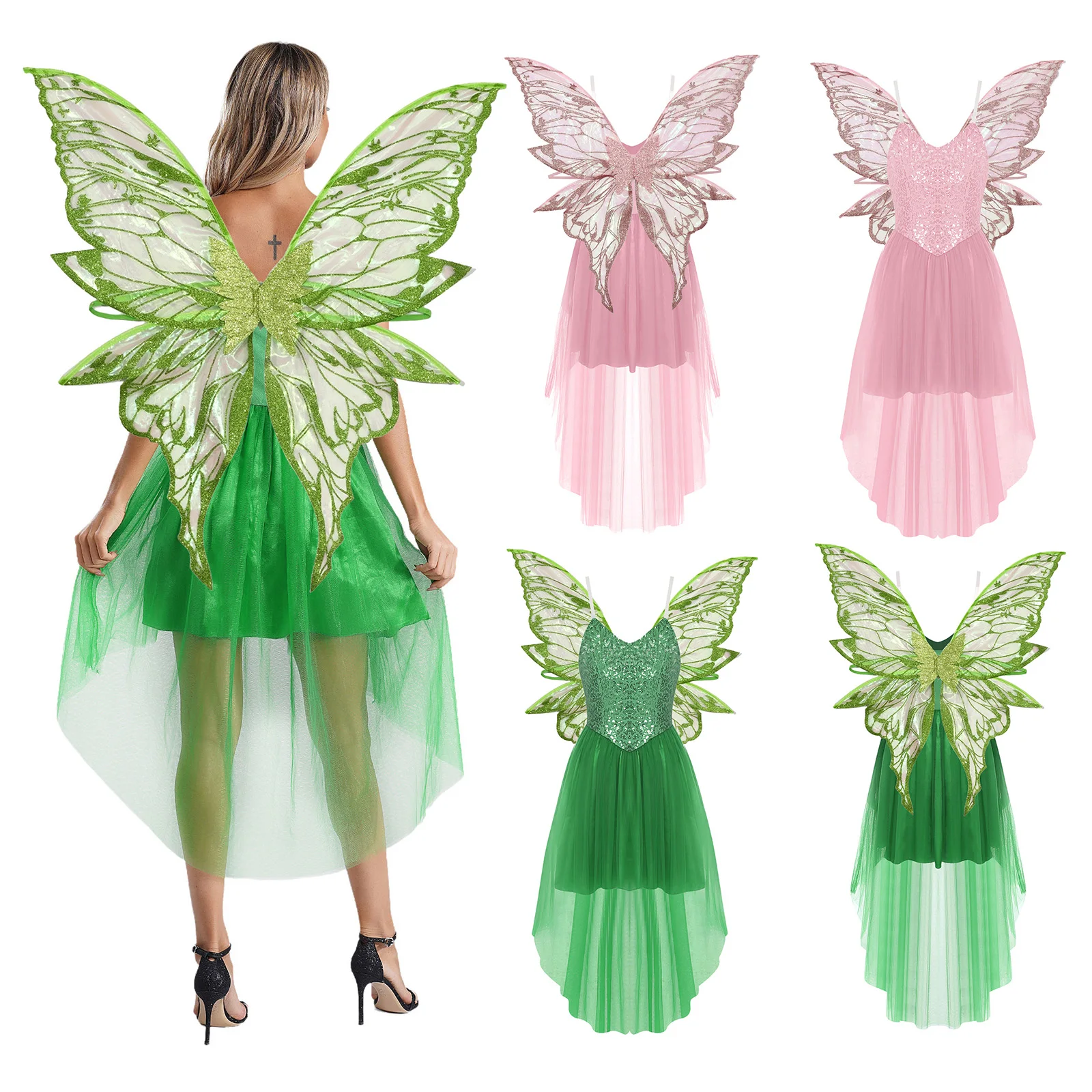 

Women Forest Fairy Cosplay Elf Dress-up Costumes Set Sleeveless Sequin High-low Tulle Dress and Elf Wings for Halloween Carnival