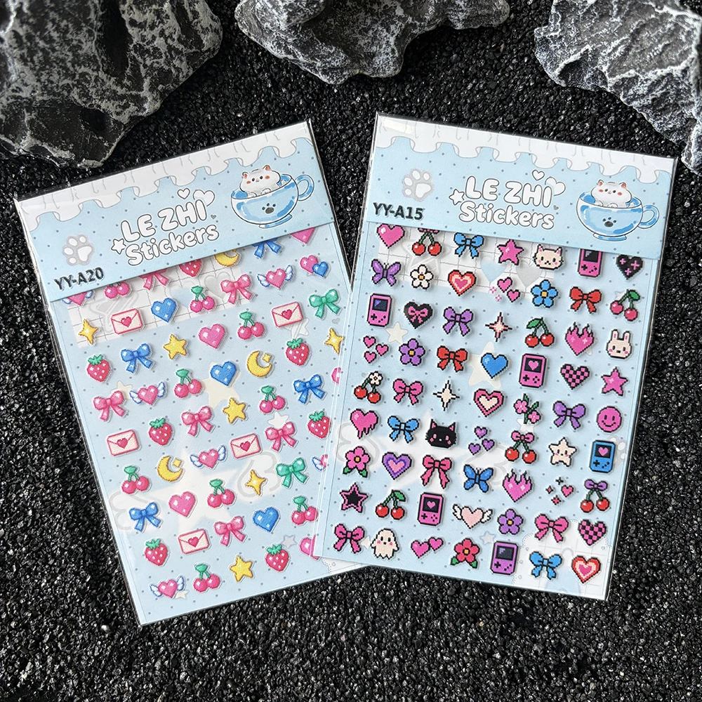 LEZHI 3D Embossed Nail Art Stickers Pixel Hearts Bow Flower Cherry Strawberry Blue Porcelain Self Adhesive Nail Decals Manicure