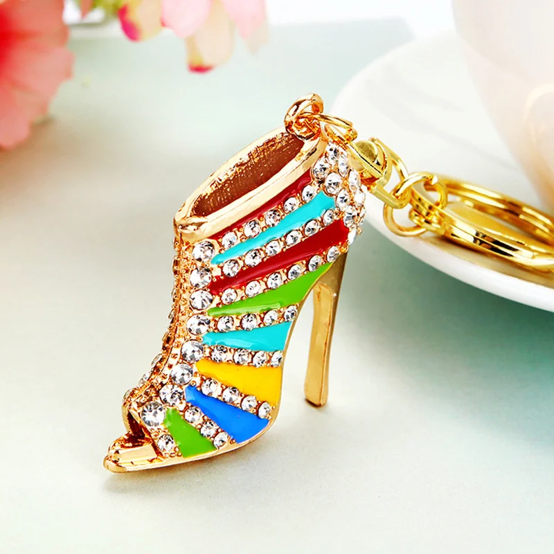 Creative Rhinestones Inlaid Goddess Fish Mouth High Heel Enamel Keychain Women Jewelry Bag Key Keyring