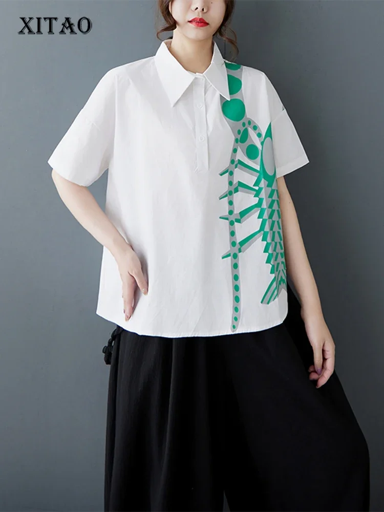 

XITAO Print Irregular Half Sleeve Shirt Casual Turn-down Collar Loose Fit Vintage Single Breasted Summer Women Blouse GYX1534