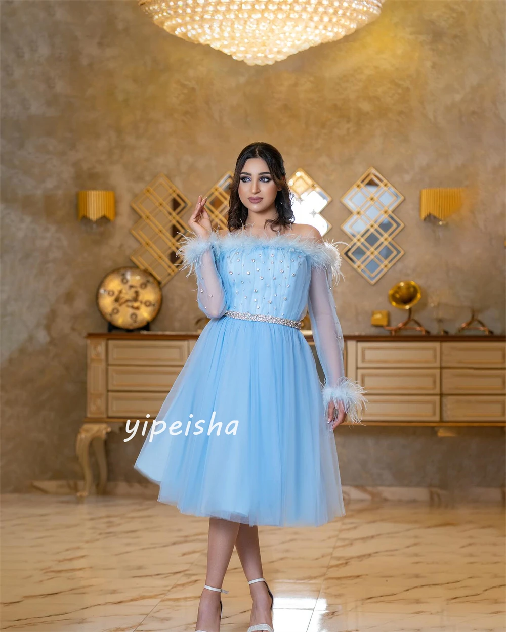 Tulle Pearl Sequined Feather Ruched Christmas A-line Off-the-shoulder Bespoke Occasion Gown Midi Dresses