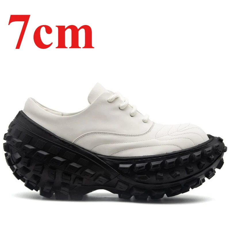 European/American Black/white Retro Daddy Shoes for Men's 7cm Thick Bottom Genuine Leather Comfortable Height Increasing Shoes