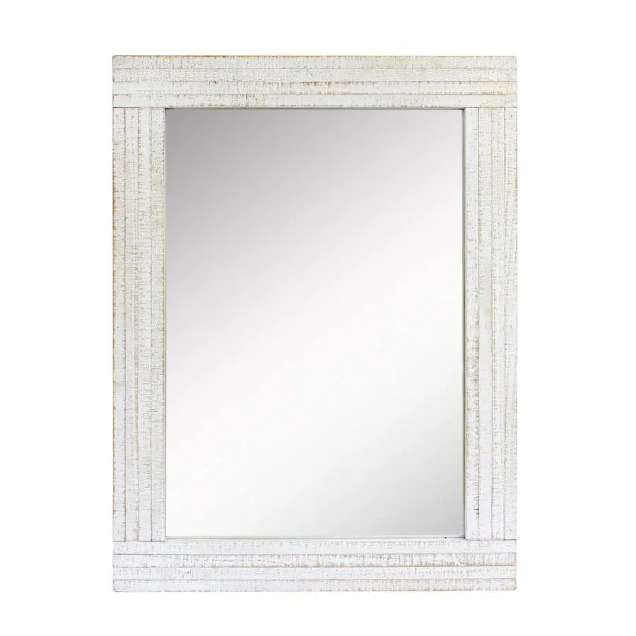 

24 x 18 Rectangle Worn White Wood Frame Wall Mirror with Attached Hanging Brackets, Decorative Country Rustic Decor for the Livi