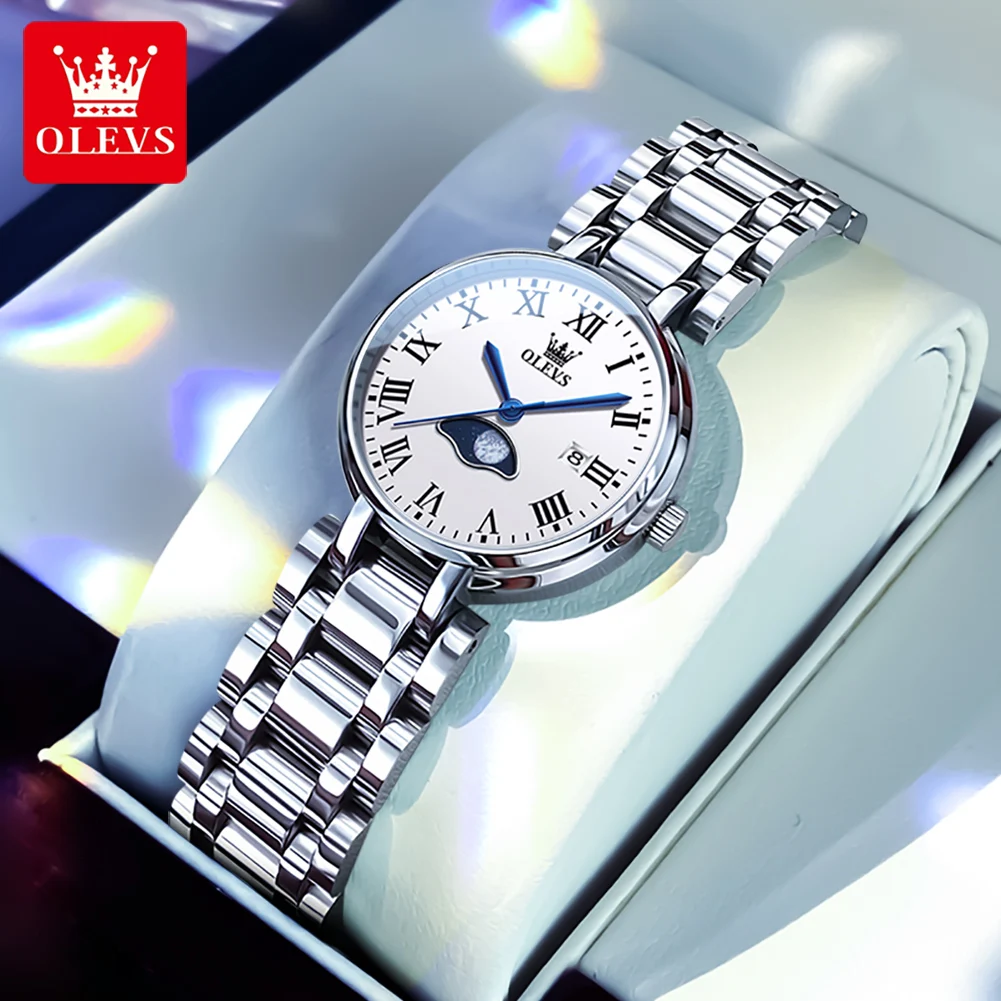 

OLEVS Women's Watches Classic Fashion Waterproof Stainless Steel Original Brand Quartz Wristwatch for Lady Moon Phase Date reloj