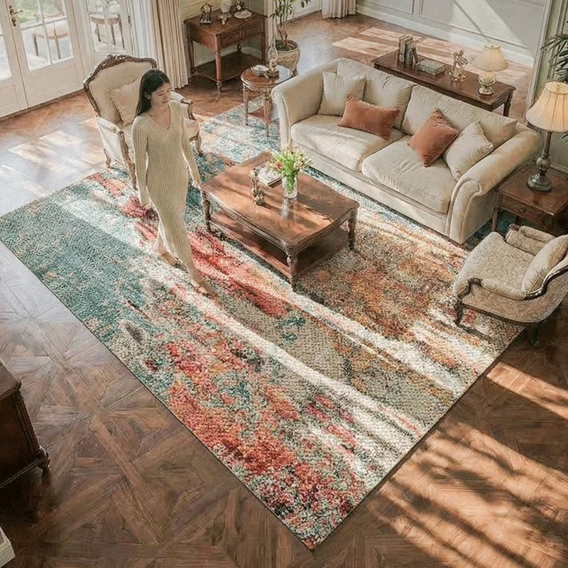 Vintage American Style Wool Carpet Bedroom Orange Blue Thick Parlor Floor Mat Large Center Area Rug Living Room Cloakroom Mat