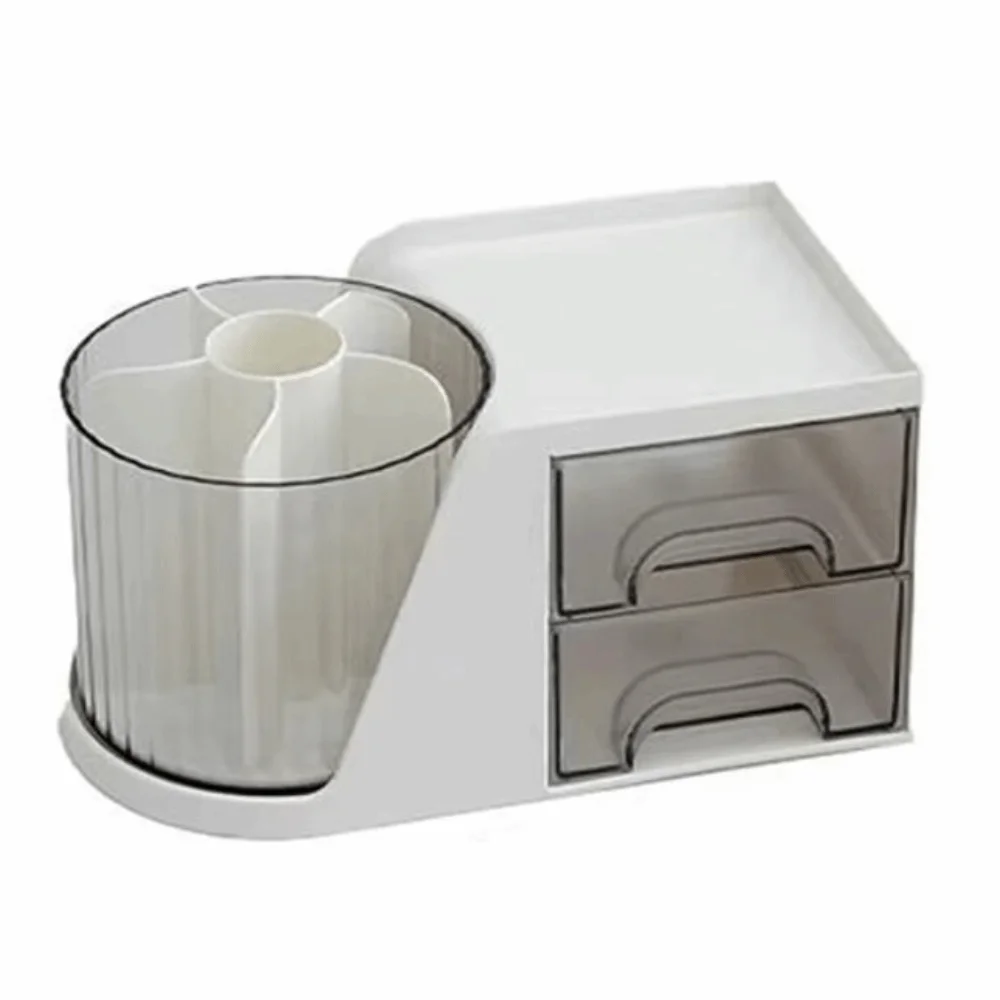 

360 Degree Rotating Desk Organizer 6 Slots Multi-Functional Desktop Storage Box with 2 Drawer 4 Compartments Pencil Pen Holder