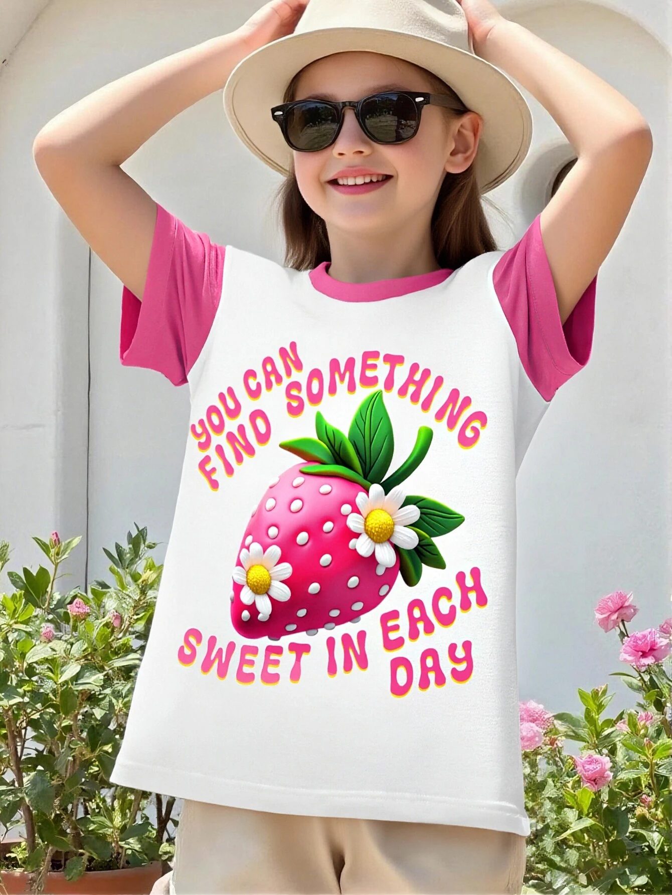 2026 Girls Strawberry Berry Flower Print Contrast Short Sleeve T-Shirt