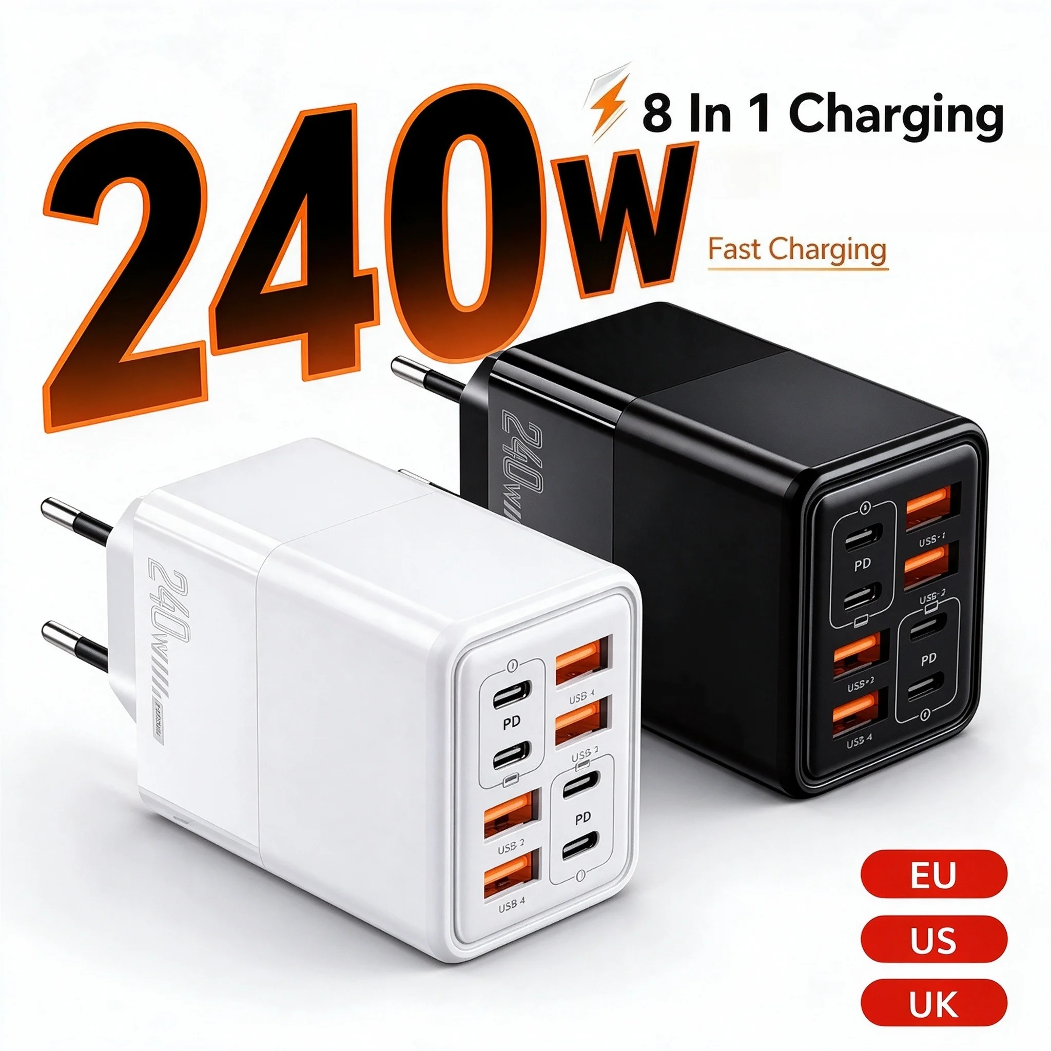 240W USB GaN Fast Charge Charger 8-Port PD USB Charging Station for iPhone Samsung Xiaomi Laptop Travel EU US UK Travel Adapter