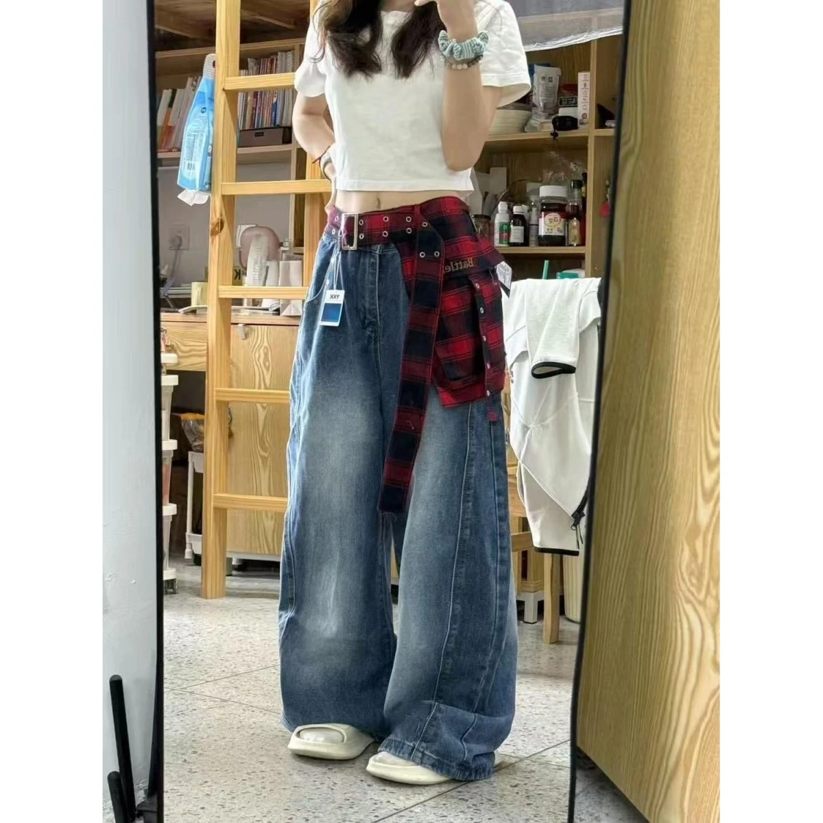 

Ретро американские High Street красные клетчатые съемные широкие джинсы женские свободные драпированные брюки осенний сезон дамы модный хлопок D...