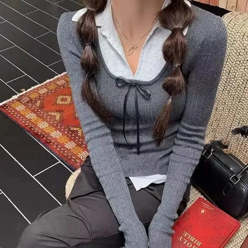 甘いボウパッチワークツーピースニットトップス女性用秋ラペルスリムフィット長袖プルオーバーファッションショートセーター