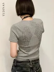 Yedinas Diamond T Shirt Women Clothes Short Sleeve Korean Fashion High Quality Cotton Tshirts Slim Grunge Summer Tops Y2k Chic