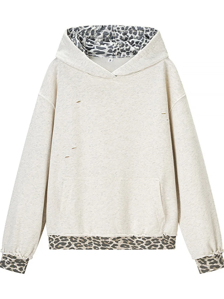 

Стильный свитер с капюшоном и леопардовым принтом, в стиле пэчворк, с рваными элементами, женский, модный, с длинными рукавами, свободный пуловер, новинка 2026 года, повседневная верхняя одежда для женщин