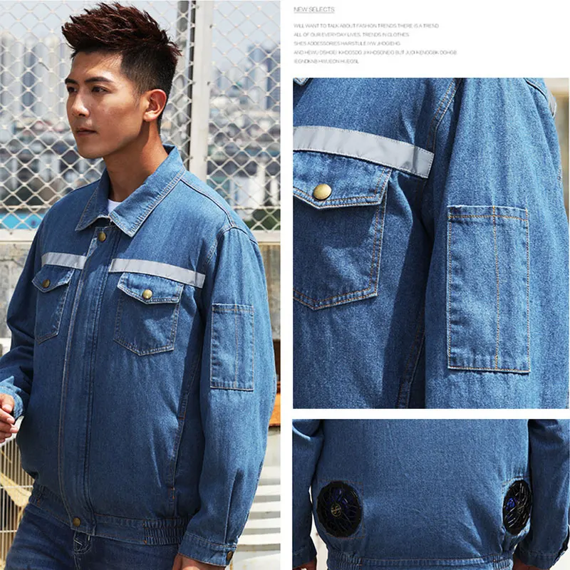 Summer Welder Air Conditioning Clothes Men Fan Clothes Non-Sparking Denim Fan Jacket Hot Weather Workers Cooling Work Clothes