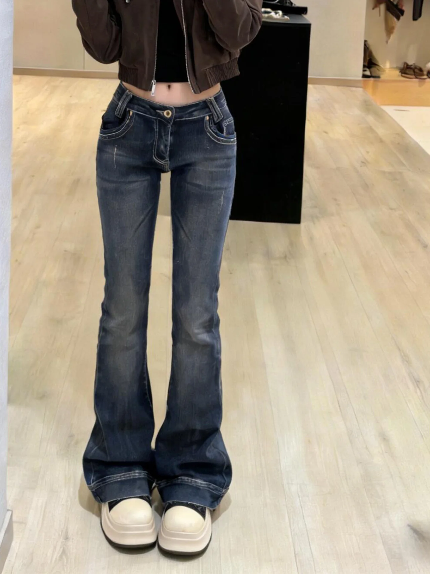 

Retro American Blue Jeans Women's Summer Slim Fit Low Waist Distressed Washed Wide Leg Pants Straight Tube Trousers