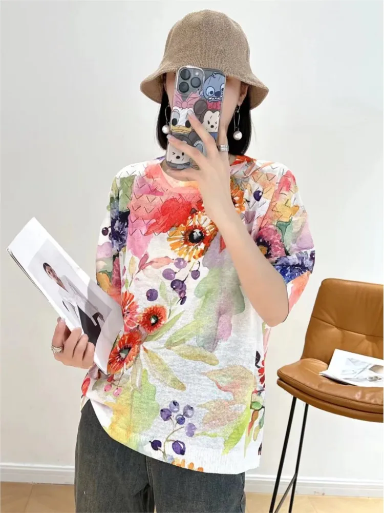 Oversized Summer Knitted T-Shirts Tops Women Loose Fashion Flower Floral Print Ladies Blouses Casual Short Sleeve Woman Tops