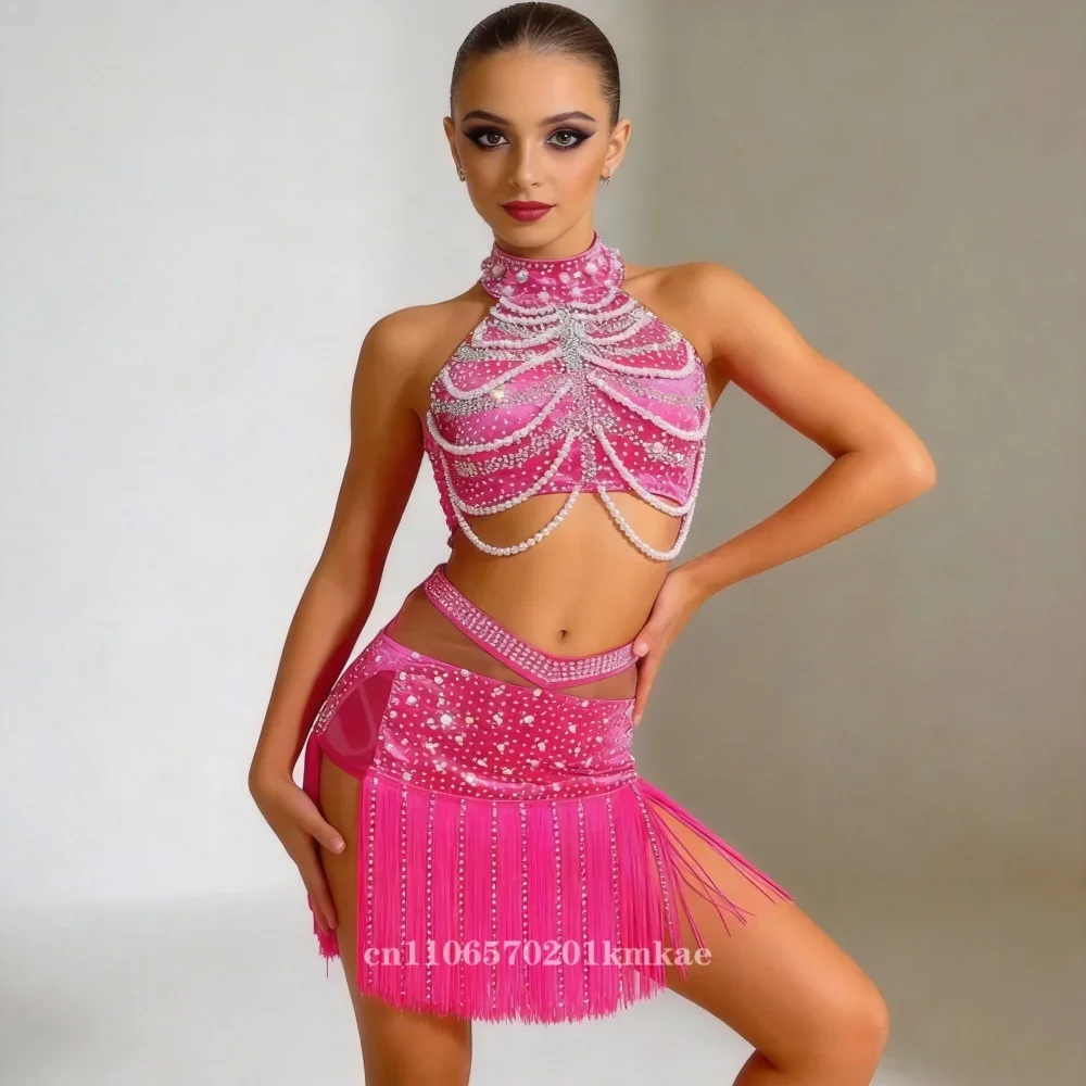 New Latin Dance Professional Competition Women's High-end Customized Pearl Gold Tassel ChaCha Samba Performance Rhinestone Dress