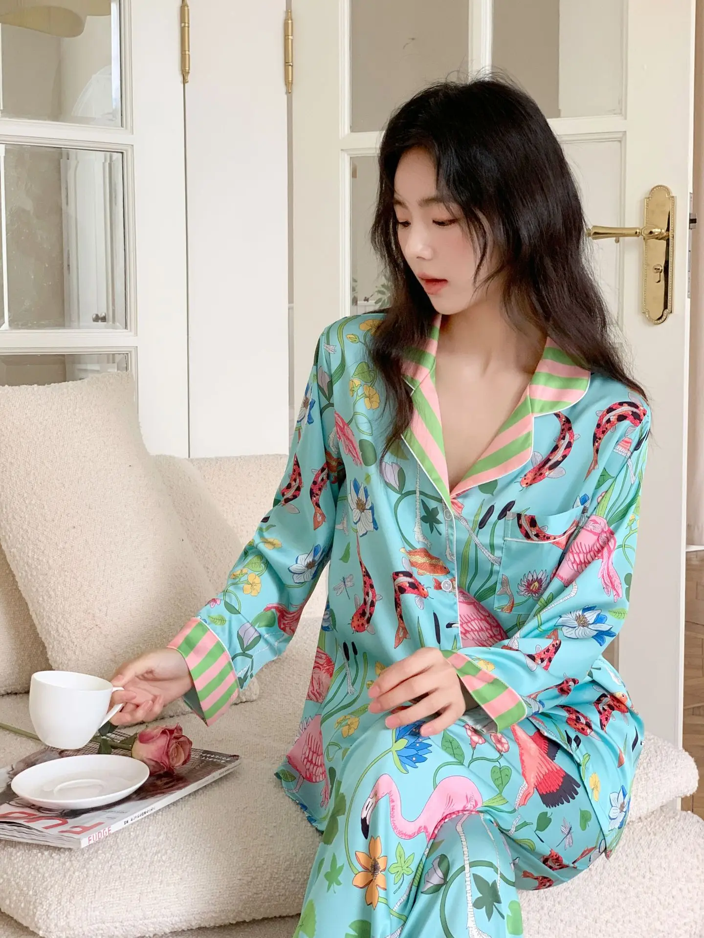 Satin Women Pajamas Silk Printing Lapel Button Shirt With Trousers Pajama Set Pyjama Sleepwear Pijama Loungewear Soft Nightwear