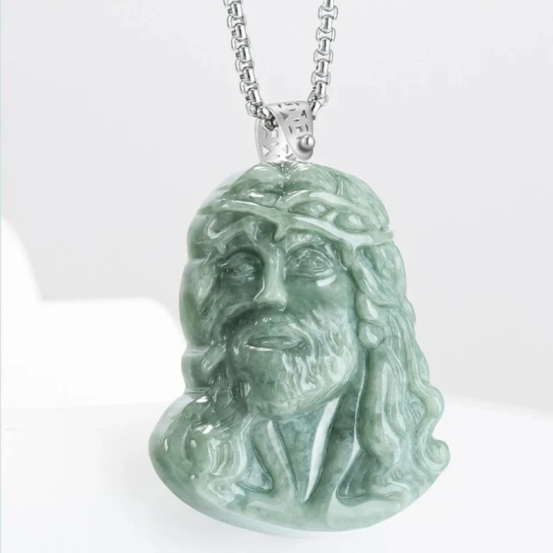 

925 Silver Buckle Inlaid Green Natural Burmese Jade Jesus Pendant Necklace Hand-carved Luxury Amulet Personalized Jewelry Gift