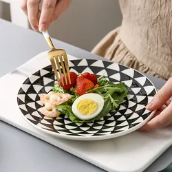 Platos de cerámica hechos a mano, platos redondos con patrones geométricos, plato para servir cena, bandeja de comida, vajilla de cocina