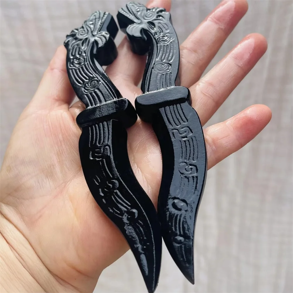 Natural obsidian frosted hollow head dagger crystal handmade carving knife craft men's gift magic talisman sword witch supplies