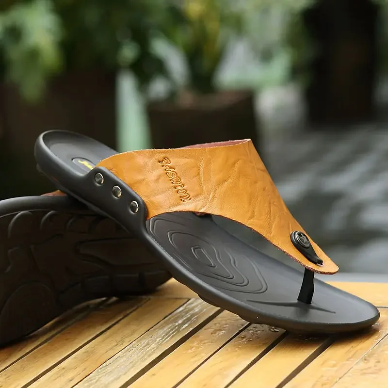 

Men's Shoe Flat Outdoor Beach Leather Shiatsu Male Slipper Slides Flip Flops Original Y2k 2025 Style Cheap Shoes Liquidation Fun