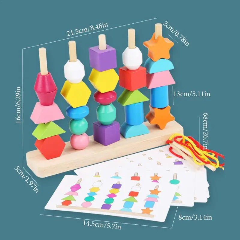 Wooden Lacing Beads Montessori Educational Wooden Lacing Beads Toys Shape Sorter Stacking Block STEM Preschool Toddler