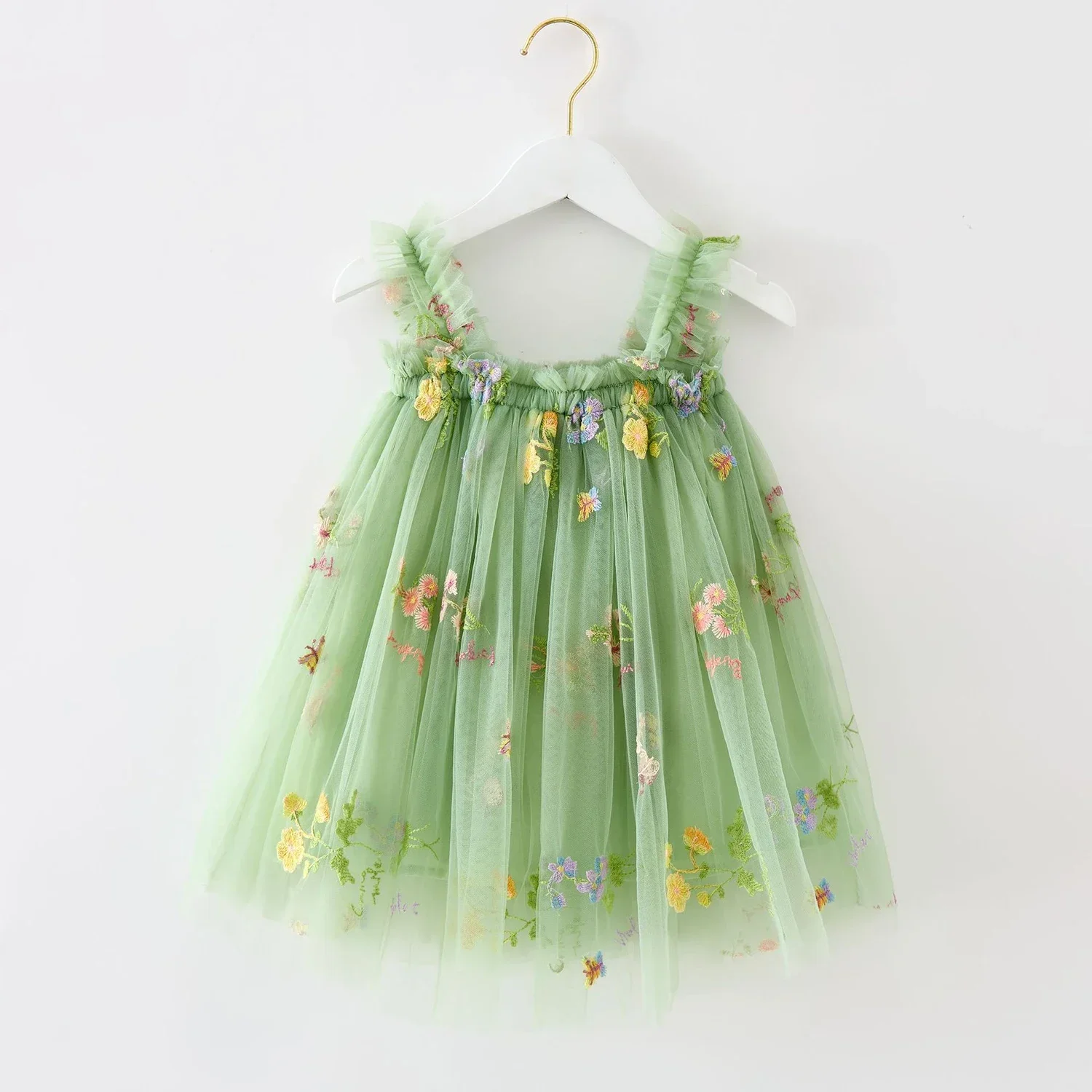 Baby Girls Dress 2024 Summer Vintage Floral Mesh Tutu Princess Dress Birthday Party Strap Dress for 1-5Y Toddler Kids Clothes