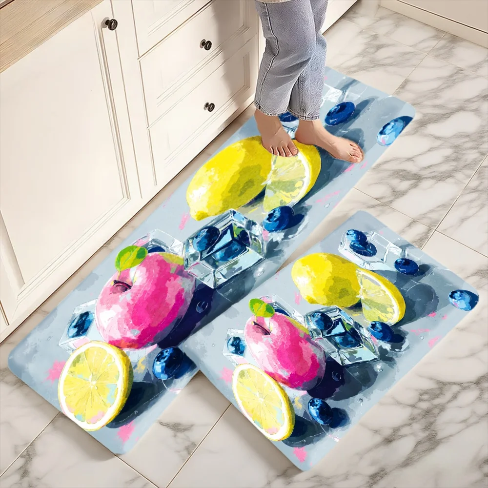 3PCS Mat Set,  Home Decoration for Front Door, Kitchen,  Fruit Lemon Apple Ice Cube Pattern Print Kitchen Rug.