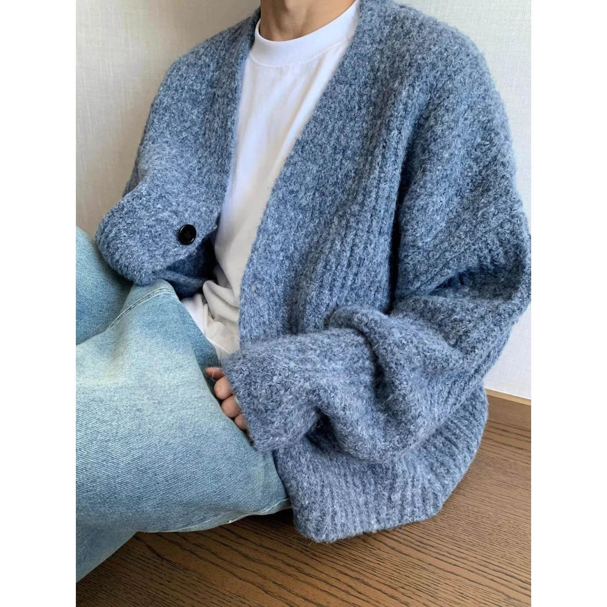 Suéter de Punto Casual Retro Americano con Cuello en V para Hombre, Color Puro, Ropa Exterior Moderna, Cárdigan Abierto, Nove...