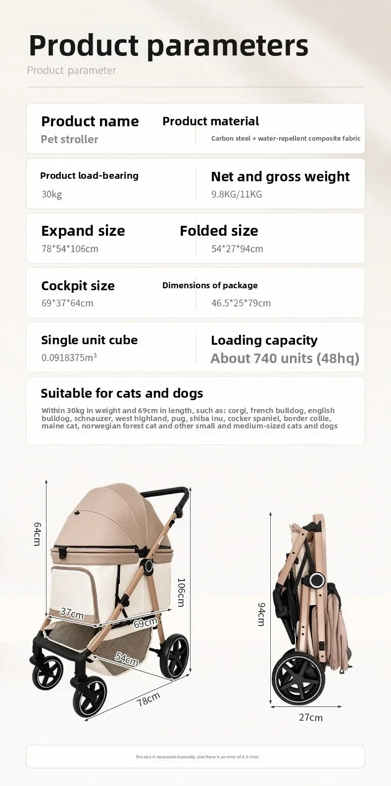 Lightweight Foldable Pet Push Cart, One-Click Folding Pet Stroller Suitable for Kitten Puppy Daily Walk
