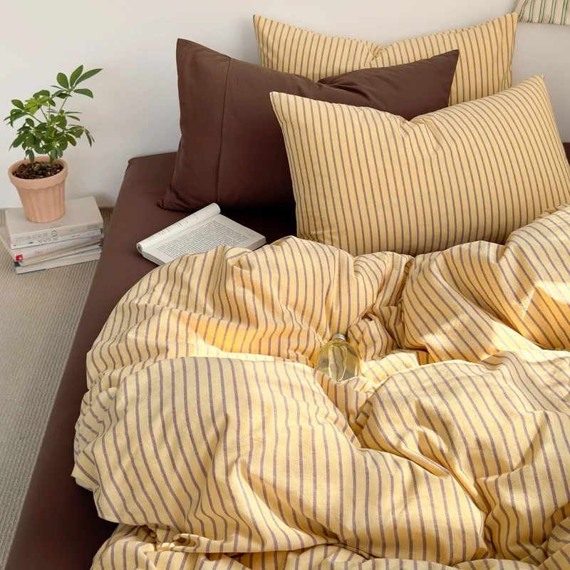 

cotton washed cotton five-color striped four-piece set, pure cotton bed sheet, bed hat retro style mixed and matched three-piec